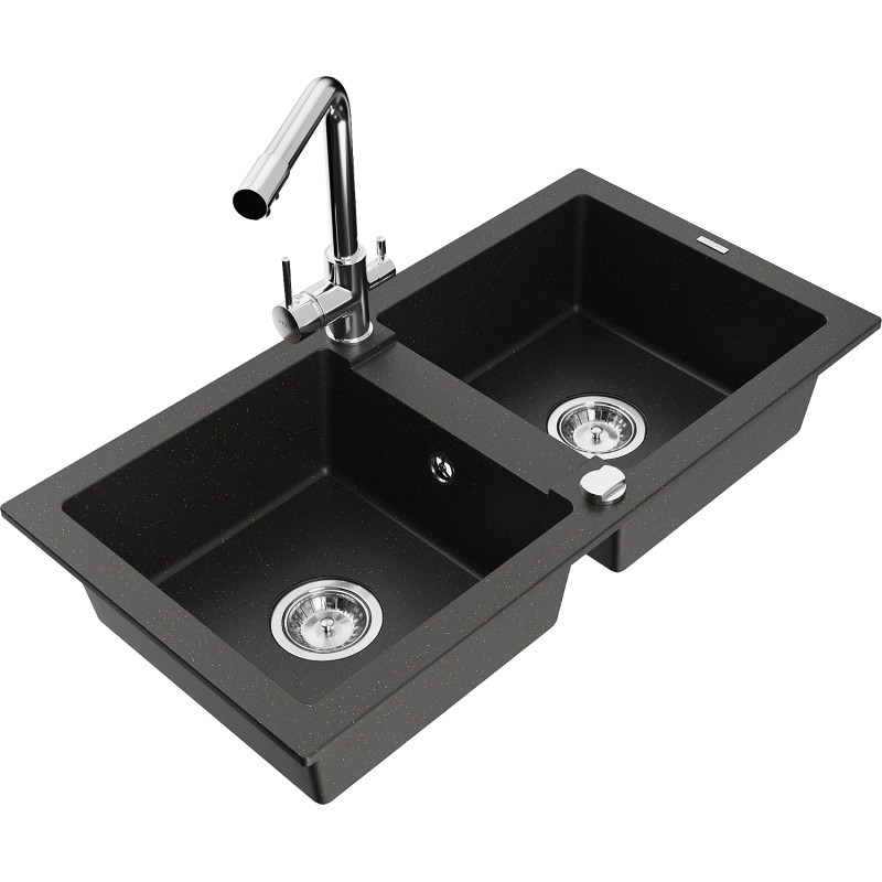 Mexen Mario fregadero de granito de 2 compartimentos con grifo de cocina Duero, negro/dorado metálico - 6504-75-671600-00