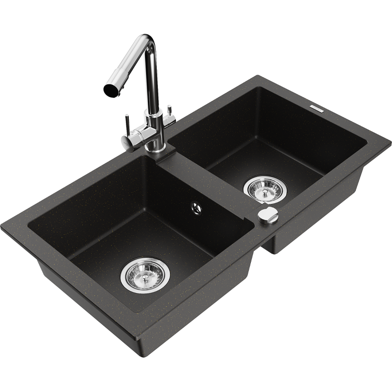Mexen Mario fregadero de granito de 2 compartimientos con grifo de cocina Duero, negro/dorado metálico - 6504-75-671600-00