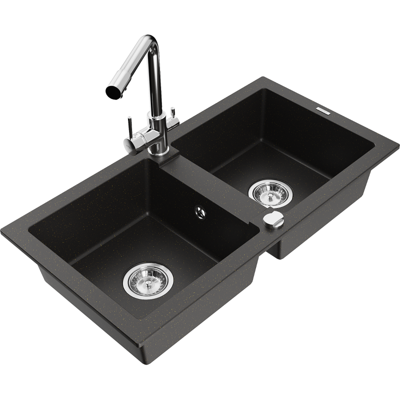 Mexen Mario granitdiskbänk med 2 fack och köksblandare Duero, svart/guldmetallic - 6504-75-671600-00