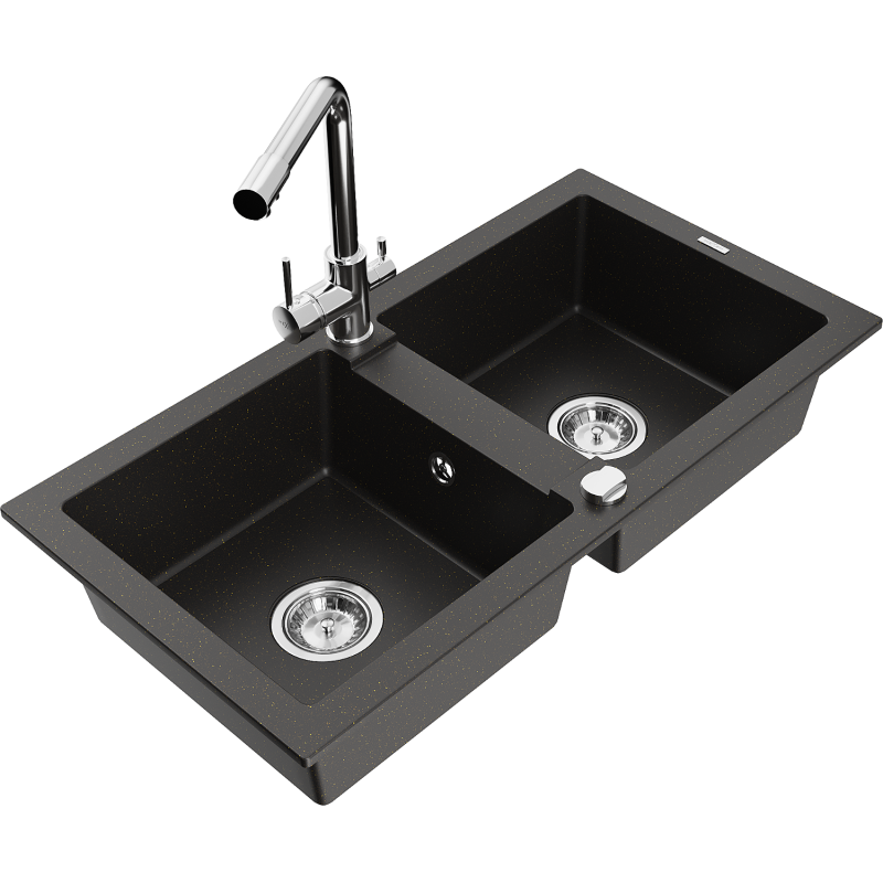 Mexen Mario granite sink 2-chamber with Duero kitchen tap, black/gold metallic - 6504-75-671600-00