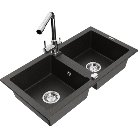 Mexen Mario Doppelkammer Granitspüle mit Küchenarmatur Duero, schwarz/gold metallic - 6504-75-671600-00