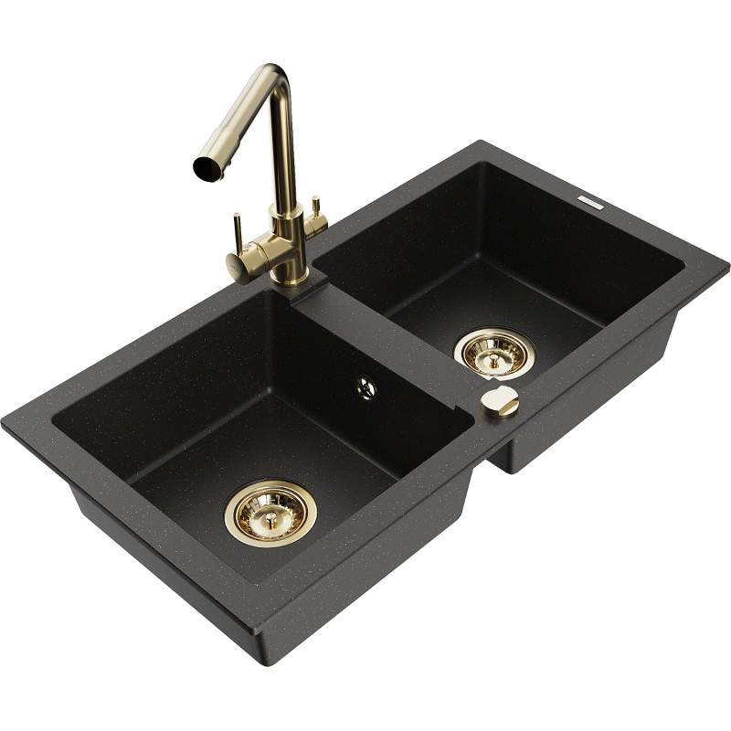 Mexen Mario granitische spoelbak met 2 kamers en keukenkraan Duero, zwart/gouden metallic - 6504-75-671600-50