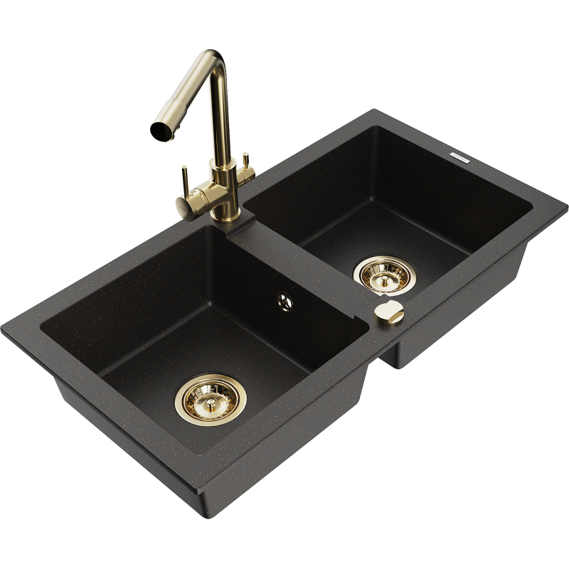 Mexen Mario lavello in granito a 2 vasche con miscelatore da cucina Duero, nero/oro metallico - 6504-75-671600-50