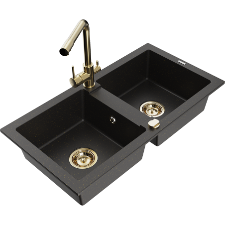 Mexen Mario granite sink 2-bowl with Duero kitchen tap, black/gold metallic - 6504-75-671600-50