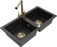 Mexen Mario 2-bowl granite sink with Duero kitchen faucet, black/gold metallic - 6504-75-671600-50