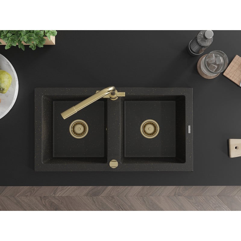 Mexen Mario lava-louça de granito de 2 cubas com torneira de cozinha Duero, preto/dourado metálico - 6504-75-671600-50