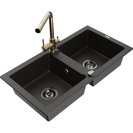 Mexen Mario 2-Kammer-Granits Spüle mit Küchenarmatur Duero, schwarz/goldener Metallik - 6504-75-671600-50-B