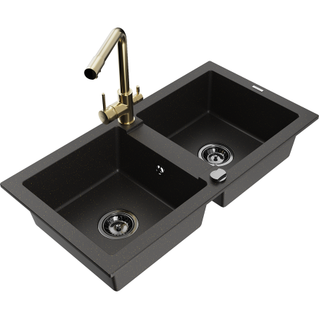 Mexen Mario granite kitchen sink 2-bowl with Duero kitchen tap, black/gold metallic - 6504-75-671600-50-B