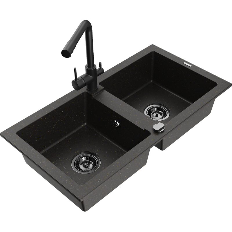 Mexen Mario fregadero de granito de 2 compartimentos con grifo de cocina Duero, negro/oro metálico - 6504-75-671600-70-B