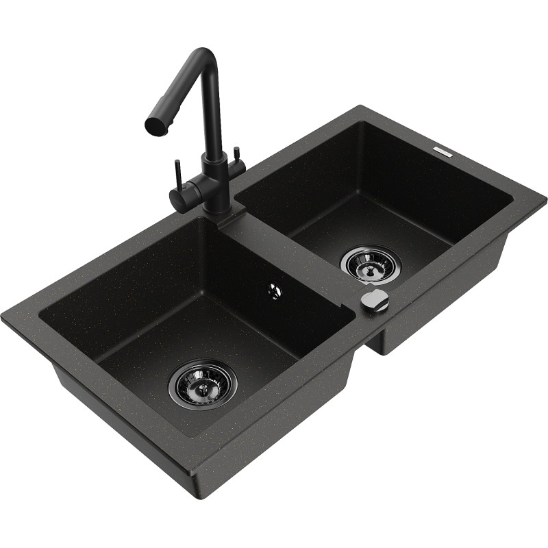Mexen Mario Granitspüle 2-Kammer mit Küchenarmatur Duero, schwarz/gold Metallic - 6504-75-671600-70-B