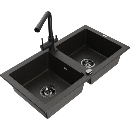Mexen Mario Granitspüle 2-Kammer mit Küchenarmatur Duero, schwarz/gold Metallic - 6504-75-671600-70-B