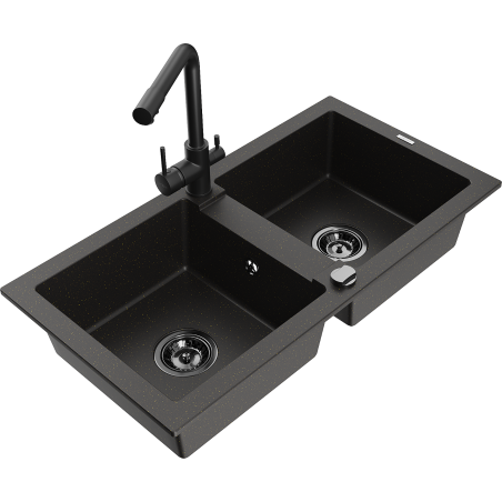 Mexen Mario lava-louça de granito de 2 cubas com torneira de cozinha Duero, preto/dourado metálico - 6504-75-671600-70-B
