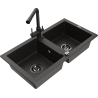 Mexen Mario granite 2-bowl kitchen sink with Duero kitchen faucet, black/gold metallic - 6504-75-671600-70-B