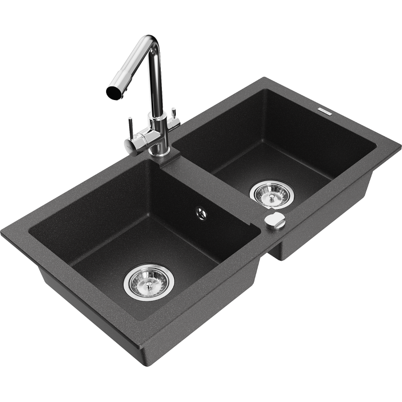 Mexen Mario granite sink 2-bowl with Duero kitchen tap, speckled black - 6504-76-671600-00