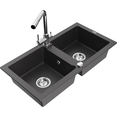 Mexen Mario granite sink 2-bowl with Duero kitchen tap, speckled black - 6504-76-671600-00
