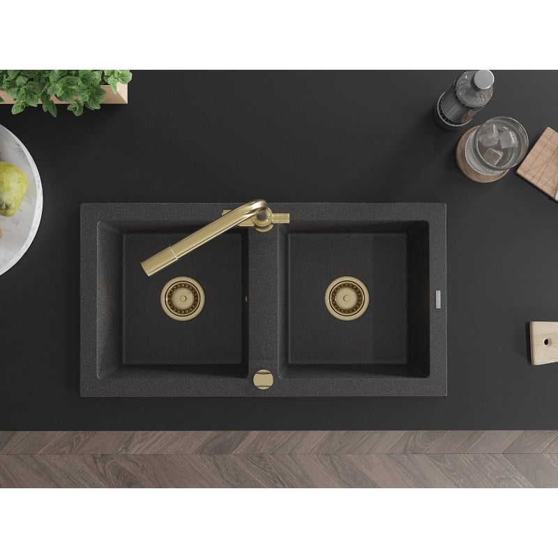 Mexen Mario fregadero de granito de 2 cubetas con grifo de cocina Duero, negro moteado - 6504-76-671600-50
