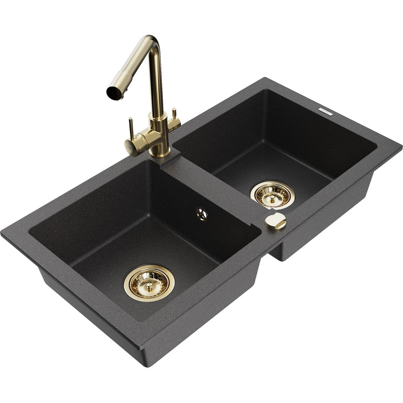 Mexen Mario fregadero de granito de 2 compartimentos con grifo de cocina Duero, negro moteado - 6504-76-671600-50