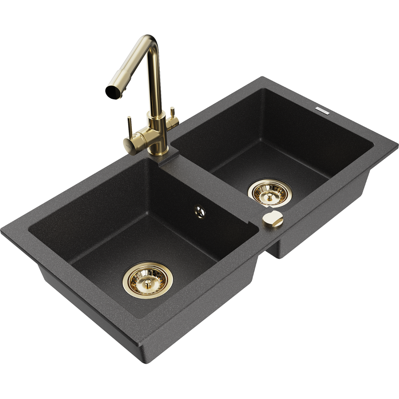 Mexen Mario fregadero de granito de 2 cubetas con grifo de cocina Duero, negro moteado - 6504-76-671600-50