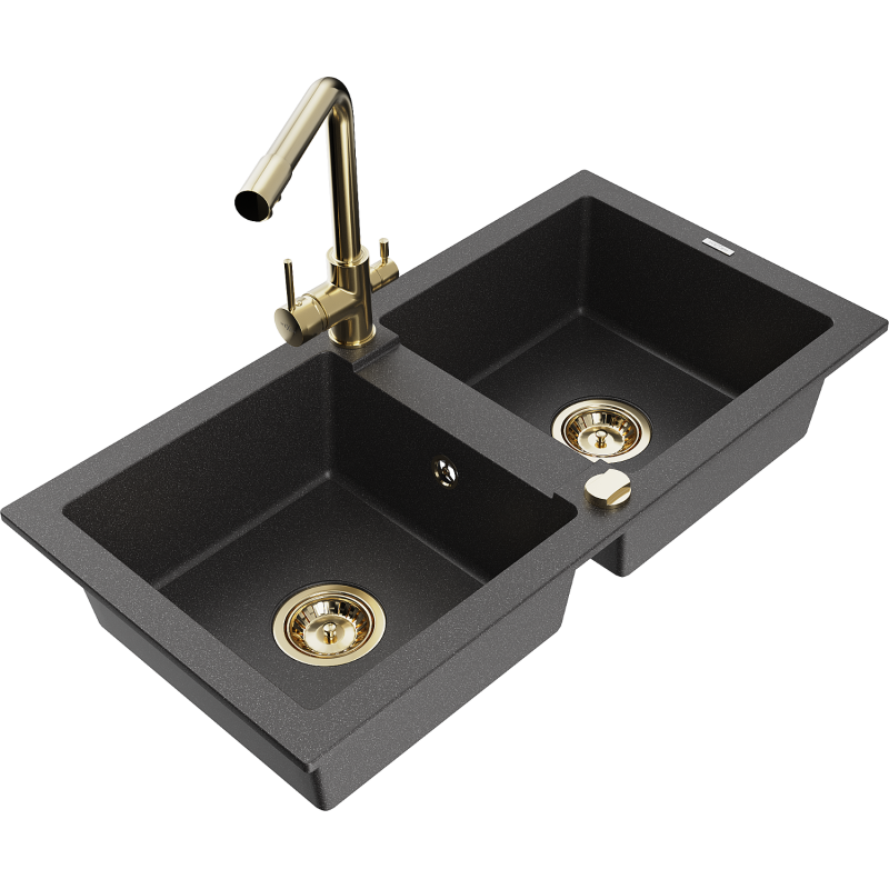 Mexen Mario graniittinen 2-osainen keittiöallas ja vesihana Duero, musta pilkullinen - 6504-76-671600-50