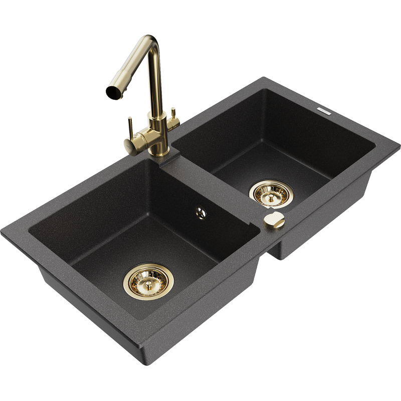 Mexen Mario Granitdiskho med 2 fack och köksblandare Duero, svart med prickar - 6504-76-671600-50