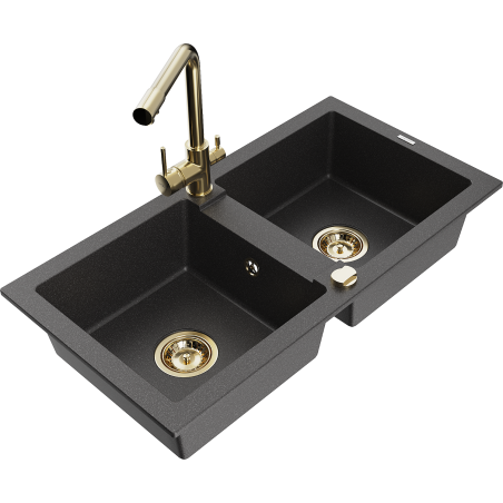 Mexen Mario granite sink 2-bowl with Duero kitchen tap, black speckled - 6504-76-671600-50