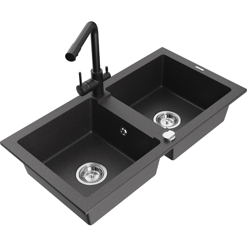 Mexen Mario fregadero de granito de 2 senos con grifo de cocina Duero, negro moteado - 6504-76-671600-70