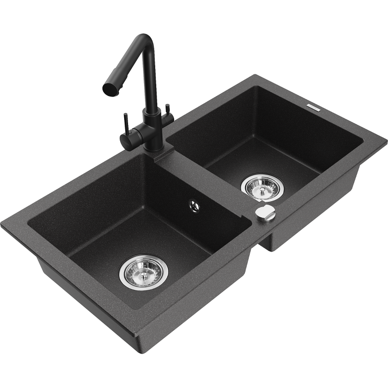Mexen Mario Granite Kitchen Sink 2-bowl with Duero Kitchen Tap, Black Speckled - 6504-76-671600-70