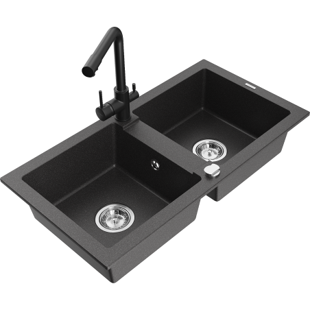 Mexen Mario Granite Kitchen Sink 2-bowl with Duero Kitchen Tap, Black Speckled - 6504-76-671600-70