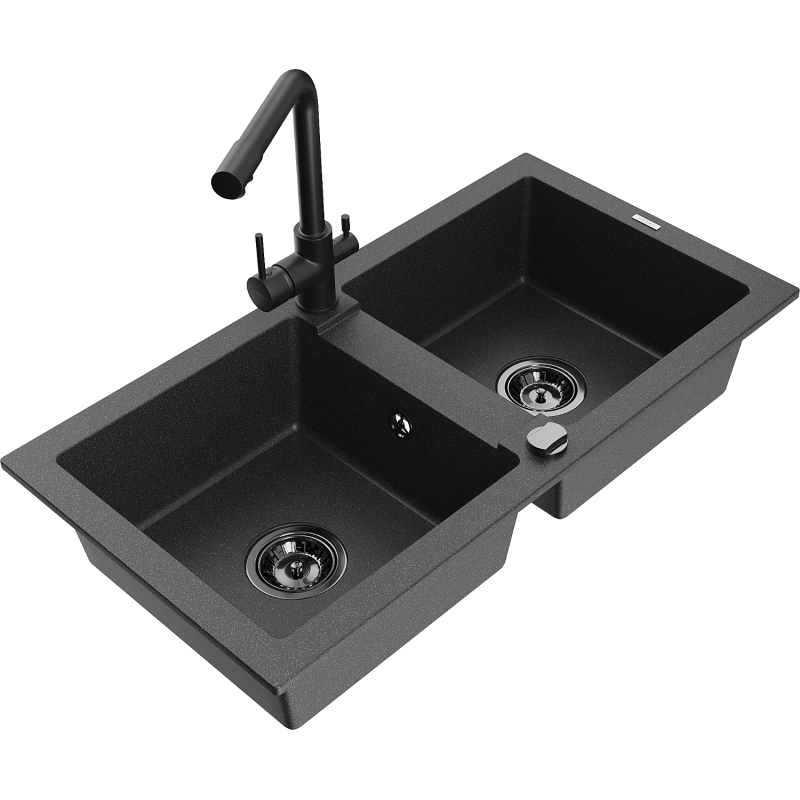 Mexen Mario granitdiskbänk med 2 fack och köksblandare Duero, svart spräcklig - 6504-76-671600-70-B
