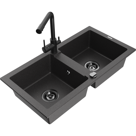 Mexen Mario Granitspüle 2-Becken mit Küchenarmatur Duero, schwarz gesprenkelt - 6504-76-671600-70-B