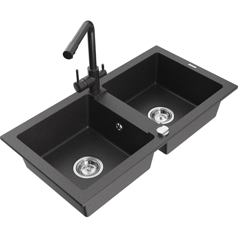 Mexen Mario fregadero de granito de 2 compartimentos con grifo de cocina Duero, negro moteado - 6504-76-671600-76