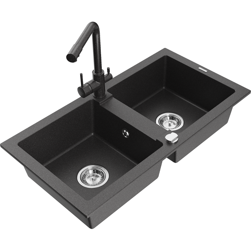 Mexen Mario granite sink with 2 bowls and Duero kitchen tap, black speckled - 6504-76-671600-76