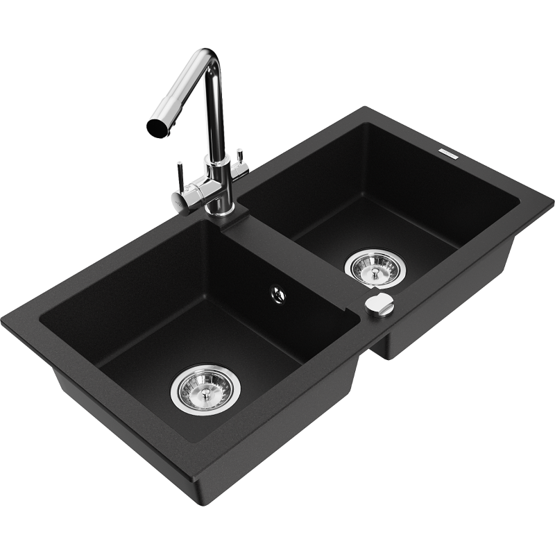 Mexen Mario fregadero de granito de 2 compartimientos con grifo de cocina Duero, negro - 6504-77-671600-00