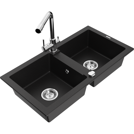 Mexen Mario granite sink with 2 compartments and Duero kitchen tap, black - 6504-77-671600-00