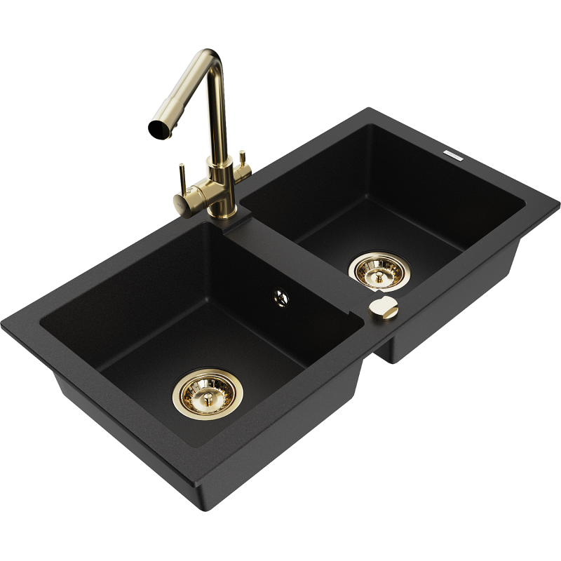 Mexen Mario lavello in granito a 2 vasche con miscelatore da cucina Duero, nero - 6504-77-671600-50