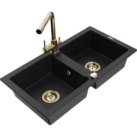 Mexen Mario granite sink 2-chamber with Duero kitchen tap, black - 6504-77-671600-50