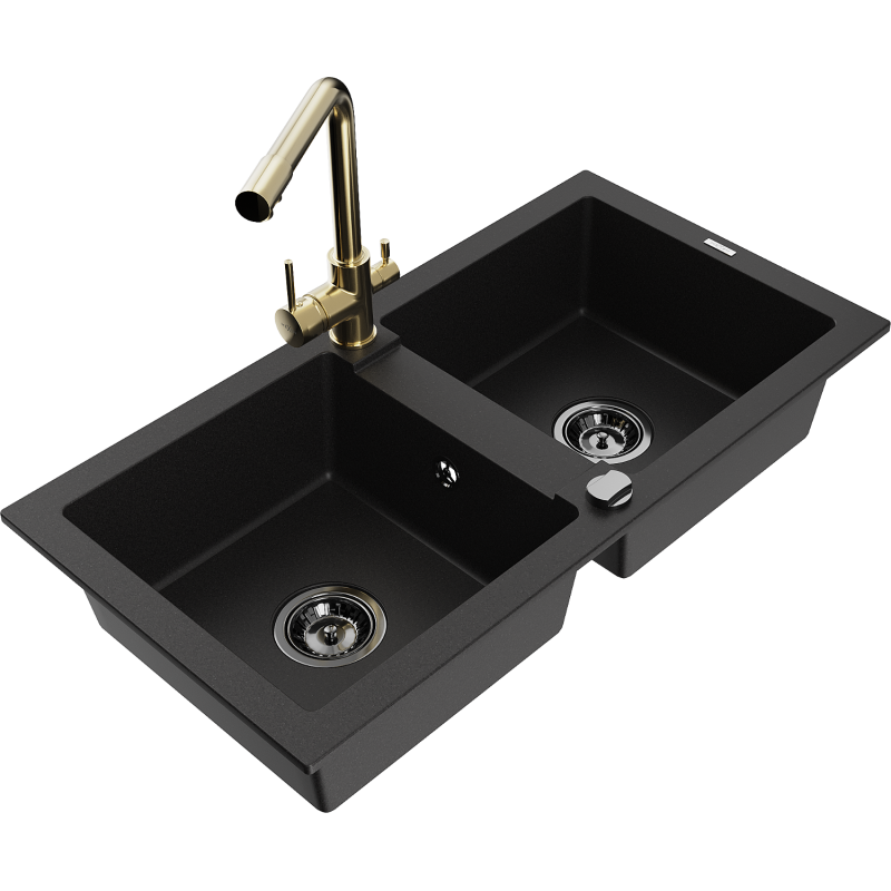 Mexen Mario 2-bowl granite kitchen sink with Duero tap, black - 6504-77-671600-50-B