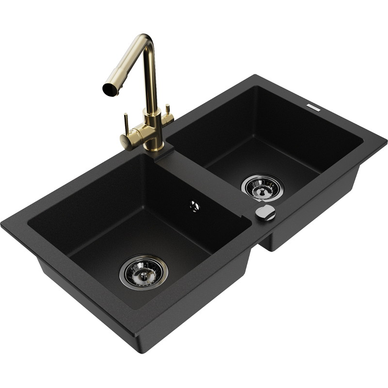 Mexen Mario granit gootsteen 2-kamer met keukenmengkraan Duero, zwart - 6504-77-671600-50-B