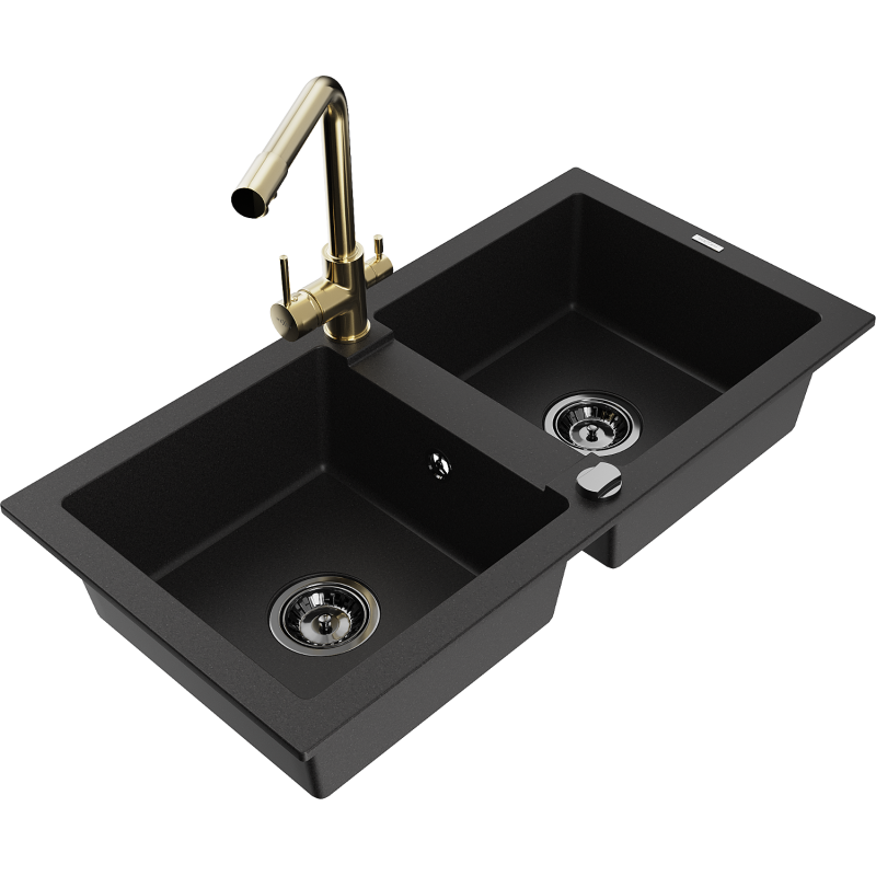 Mexen Mario granitno pomivalno korito z 2 prekatoma s kuhinjsko pipo Duero, črno - 6504-77-671600-50-B