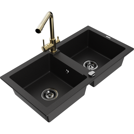 Mexen Mario fregadero de granito de 2 senos con grifo de cocina Duero, negro - 6504-77-671600-50-B