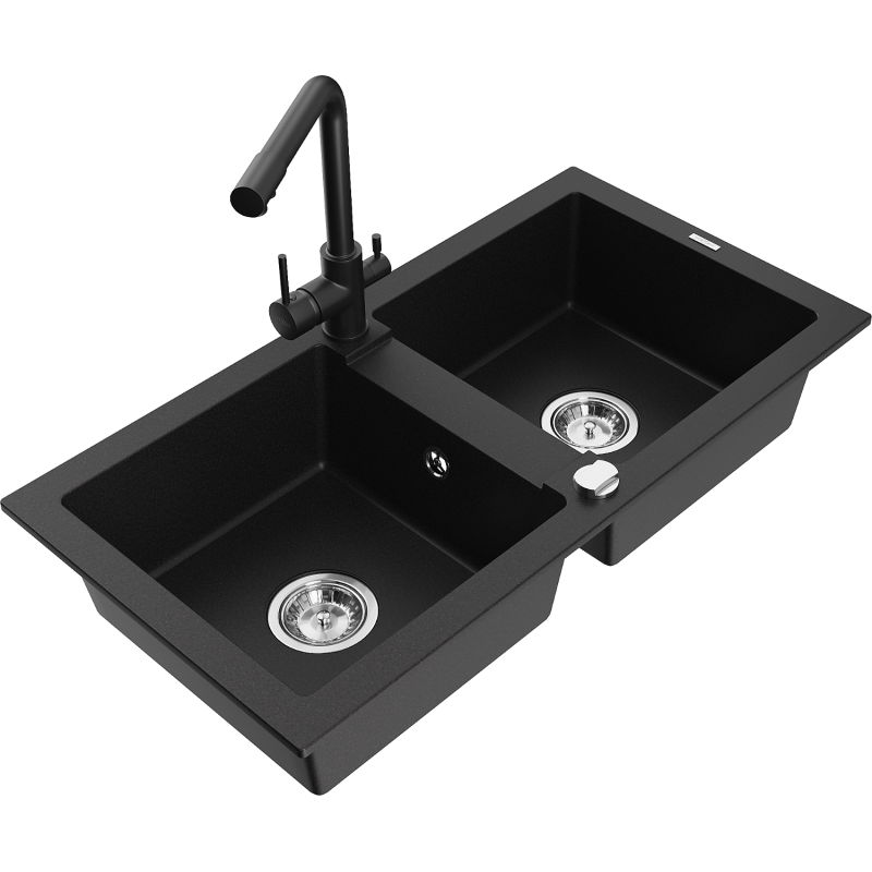 Mexen Mario granite sink 2-compartment with Duero kitchen tap, black - 6504-77-671600-70