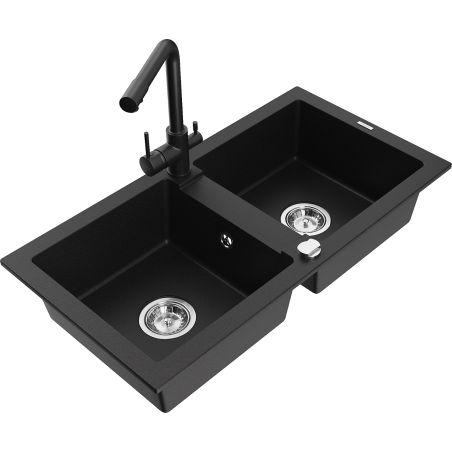 Mexen Mario granite sink 2-compartment with Duero kitchen tap, black - 6504-77-671600-70