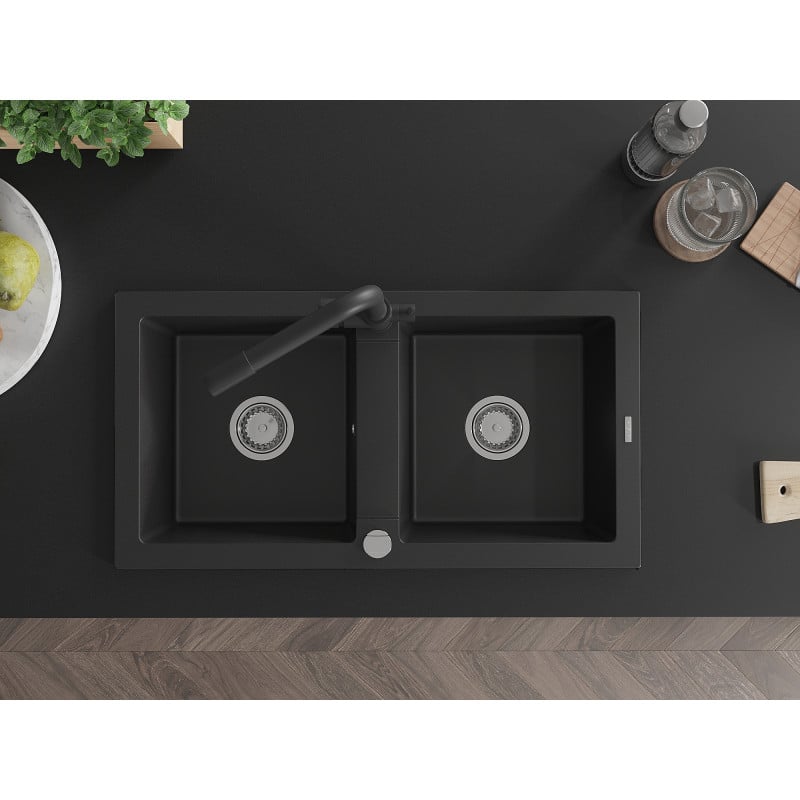 Mexen Mario granite sink 2-compartment with Duero kitchen tap, black - 6504-77-671600-70