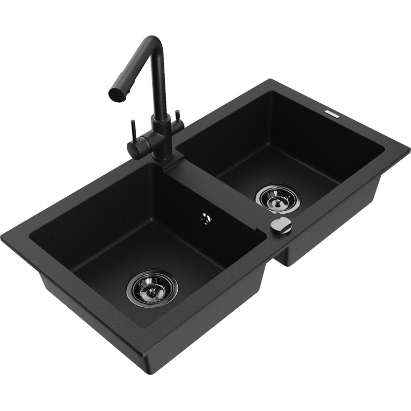 Mexen Mario fregadero de granito de 2 compartimentos con grifo de cocina Duero, negro - 6504-77-671600-70-B