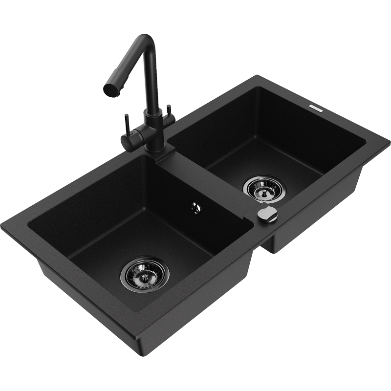 Mexen Mario granite sink 2-compartment with Duero kitchen tap, black - 6504-77-671600-70-B