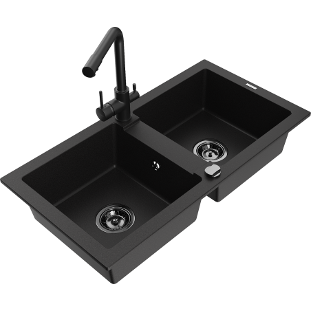 Mexen Mario fregadero de granito de 2 compartimentos con grifo de cocina Duero, negro - 6504-77-671600-70-B