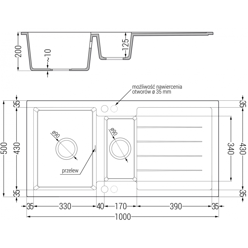 Mexen Andres Granitspullze mit 1,5 Kummer mat Drainboard an Kichekraan Telma, schwaarz/gëllen - 6515-75-670200-50-B