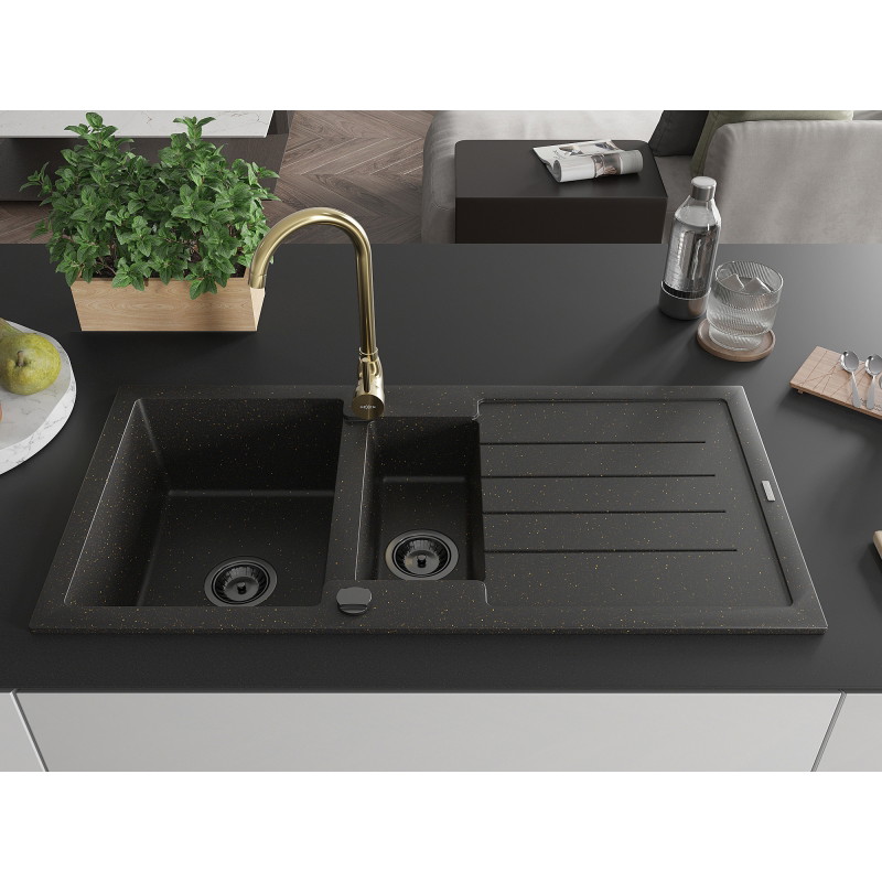 Mexen Andres granit gootsteen 1,5-komoren met afdruiprek en keukenmengkraan Telma, zwart/goud - 6515-75-670200-50-B