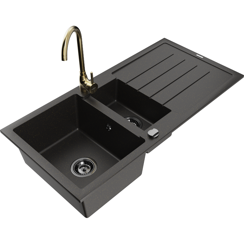 Mexen Andres fregadero de granito 1,5 senos con escurridor y grifo de cocina Telma, negro/dorado - 6515-75-670200-50-B
