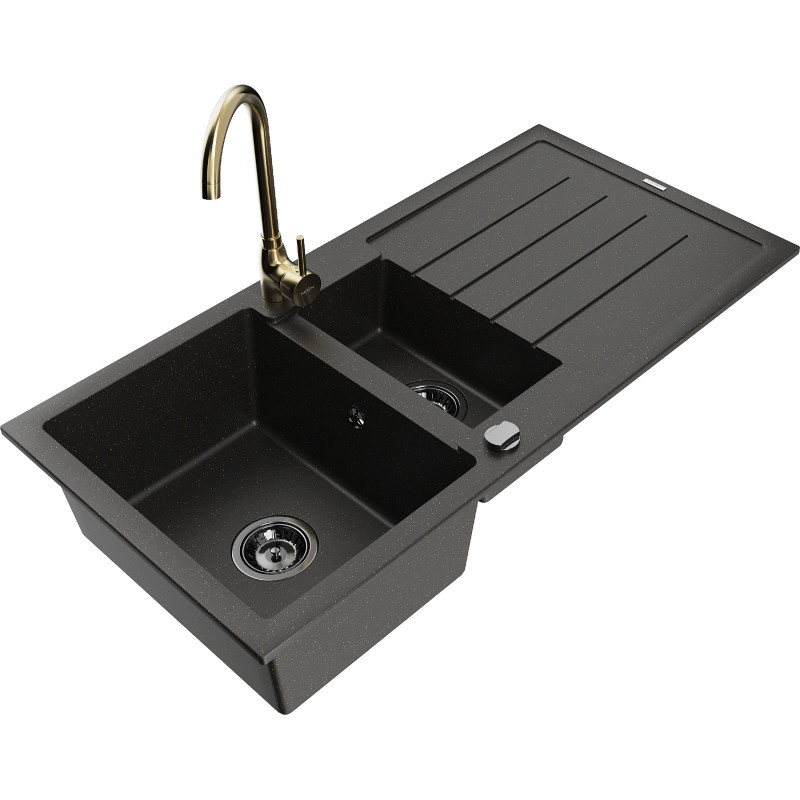 Mexen Andres fregadero de granito de 1,5 senos con escurridor y grifo de cocina Telma, negro/dorado - 6515-75-670200-50-B